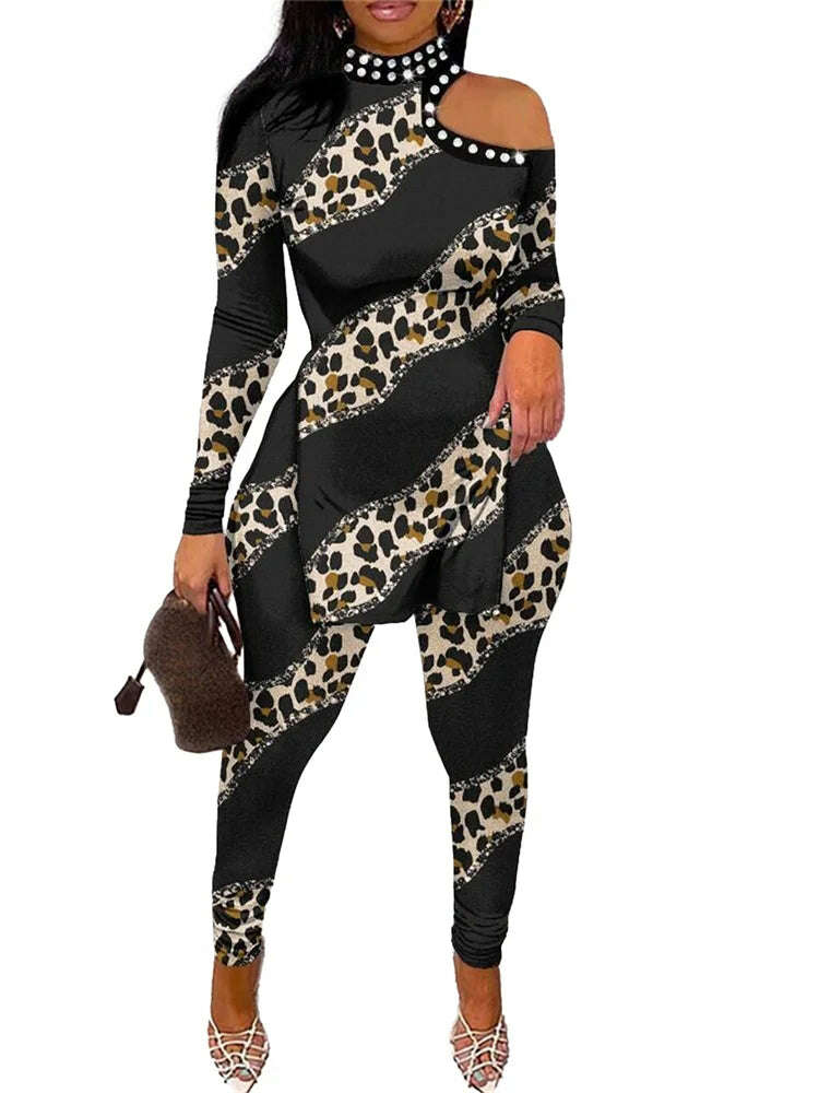 KIMLUD, Wmstar Two Piece Set Women Clothing Tops and Pants Hollow Out Sleeve Leopard Leggings Matching Suit Wholesale Dropshipping 2023, KIMLUD Womens Clothes