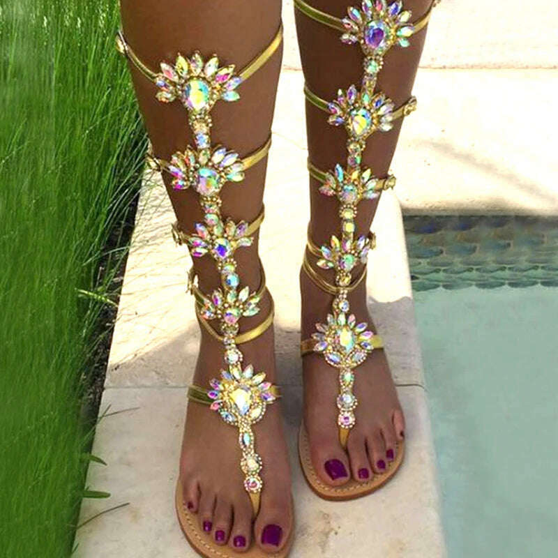 KIMLUD, Woman Bohemia Sandal Boots Rhinestone Lady Knee High Boots Thin High Heels Stiletto Crystal Dress Summer Shoes Sandalias, gold / 4, KIMLUD Womens Clothes