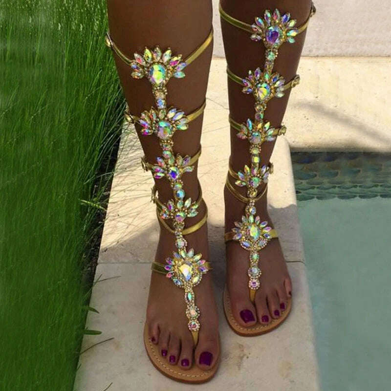 KIMLUD, Woman Bohemia Sandal Boots Rhinestone Lady Knee High Boots Thin High Heels Stiletto Crystal Dress Summer Shoes Sandalias, KIMLUD Womens Clothes