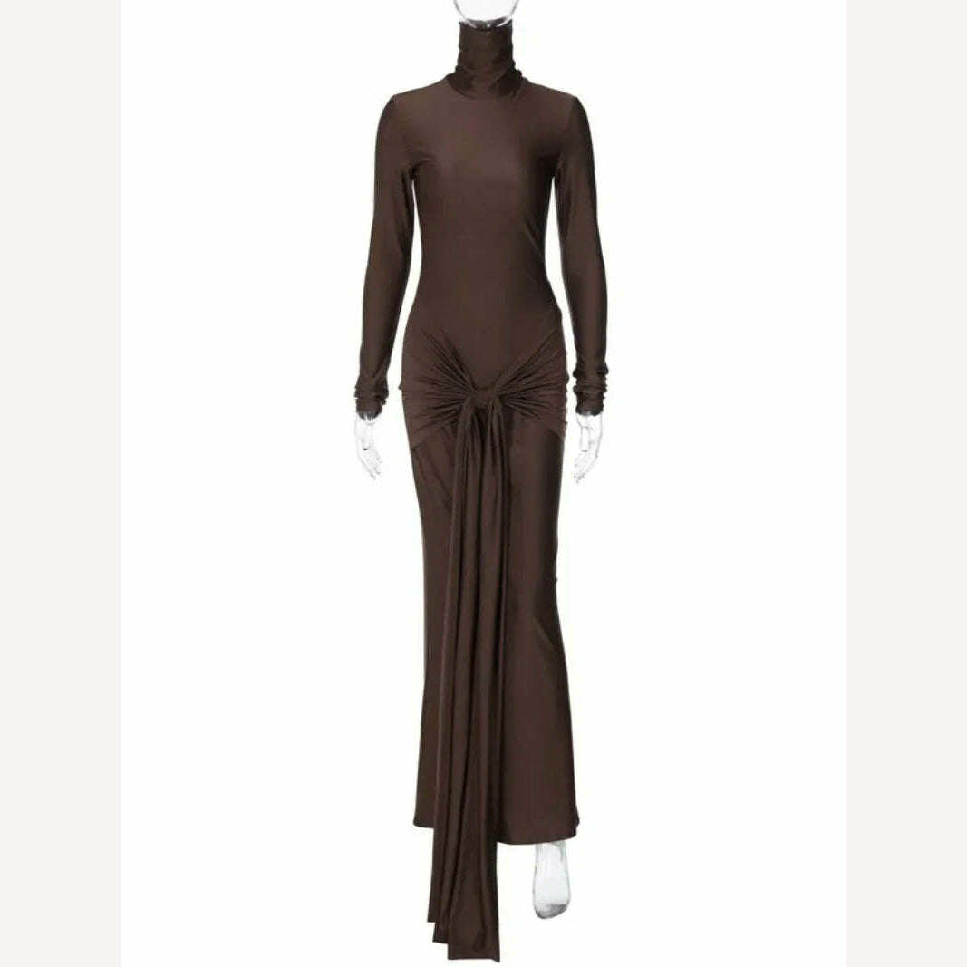 KIMLUD, Woman Clothing Turtleneck Low Waist Bandage Bodycon Holiday Dress Streetwear Autumn Winter Solid Slim Party Club Long Dresses, Dark Brown / S, KIMLUD Womens Clothes