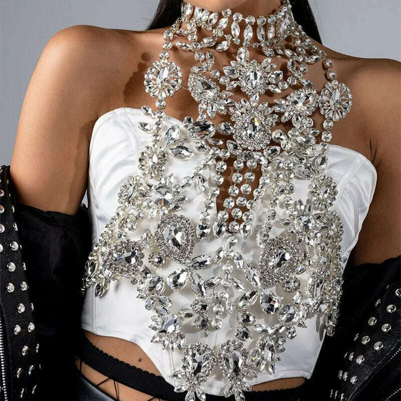 KIMLUD, Woman Luxury All Glass Gem Crystal Sexy Tops Dress Drag Queen Body Chain Nightclub Queen Jewelry Huge Necklace for Girl 2023, Silver, KIMLUD Women's Clothes
