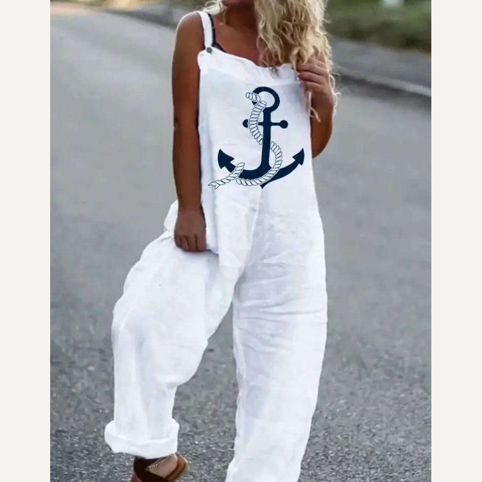 Woman Summer Jumpsuits Fashion Anchor Print Suspender Jumpsuit Casual Sexy Sleeveless Romper Elegant Streetwear - KIMLUD