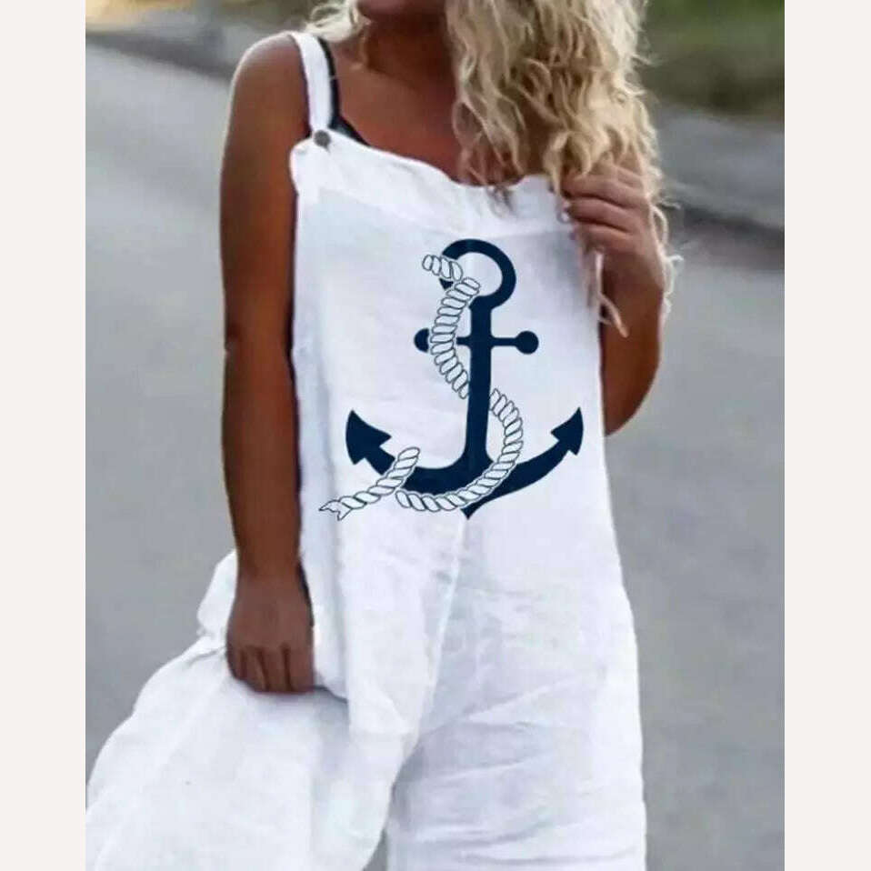 Woman Summer Jumpsuits Fashion Anchor Print Suspender Jumpsuit Casual Sexy Sleeveless Romper Elegant Streetwear - KIMLUD