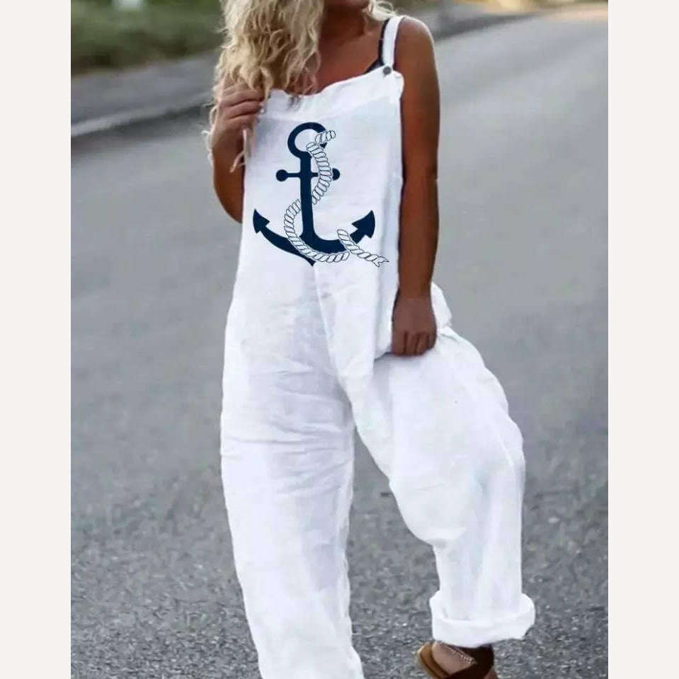 Woman Summer Jumpsuits Fashion Anchor Print Suspender Jumpsuit Casual Sexy Sleeveless Romper Elegant Streetwear - KIMLUD