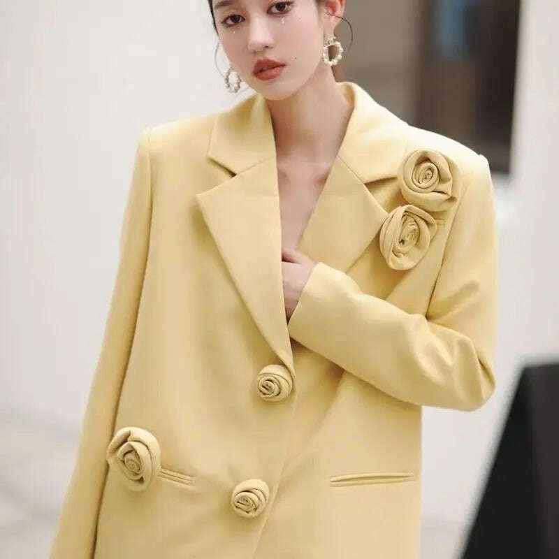 Woman's Autumn/winter Retro Small Fragrance Rose Yellow Blazers French Solid Color Loose Three-dimensional Flower Suit Jackets, Yellow / S, KIMLUD Women's Clothes