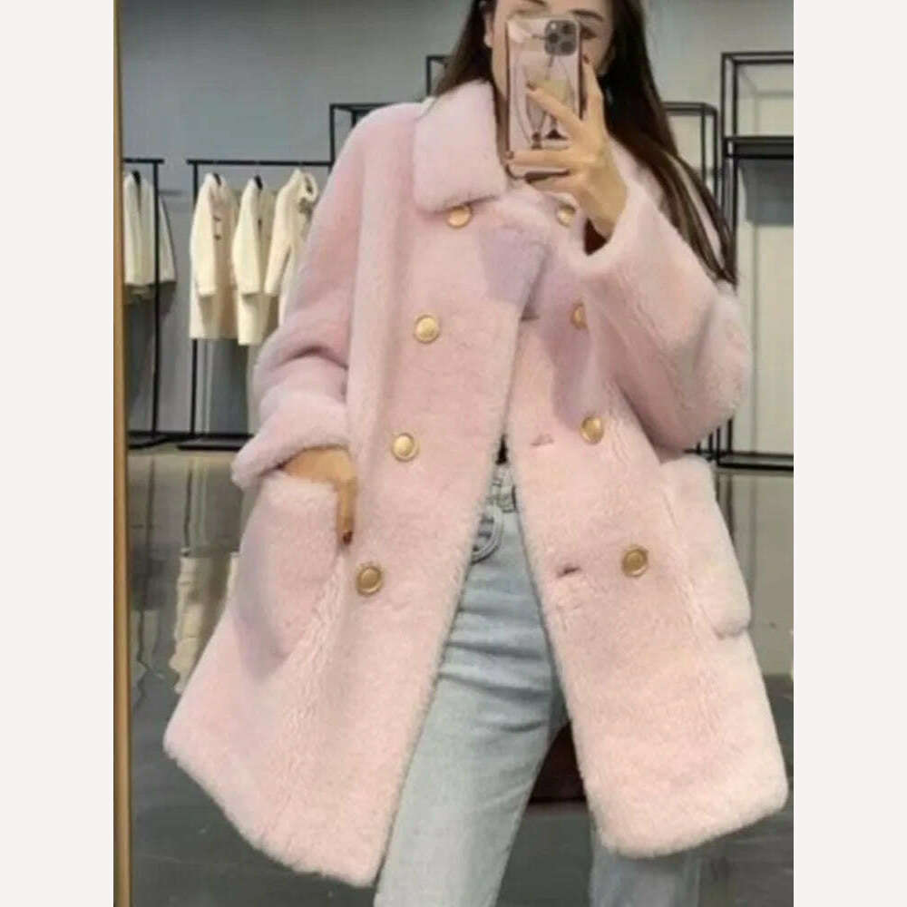 Women 2022 Winter Fashion Double-breasted Warm Coats Female Genuine Lamb Fur Jackets Ladies Long Sheep Shearing Thick Overcoats - KIMLUD