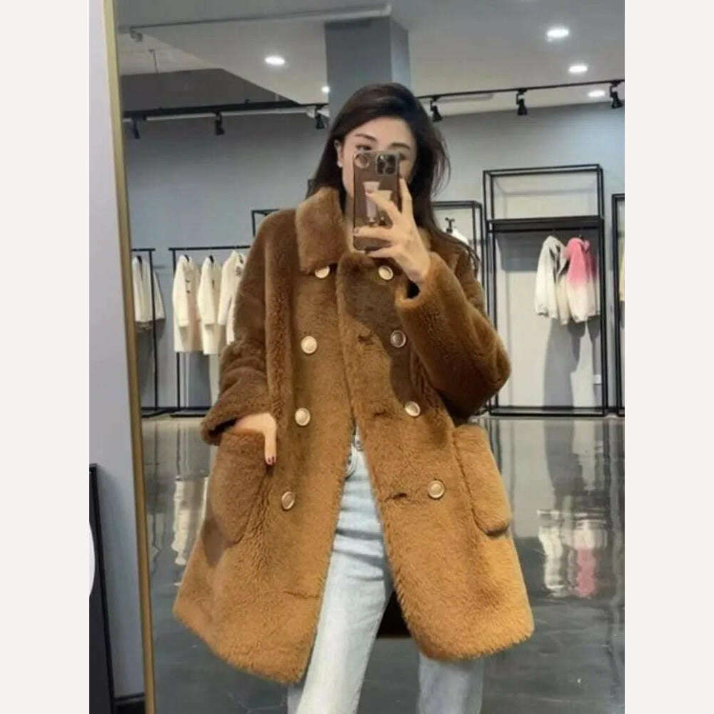 Women 2022 Winter Fashion Double-breasted Warm Coats Female Genuine Lamb Fur Jackets Ladies Long Sheep Shearing Thick Overcoats - KIMLUD