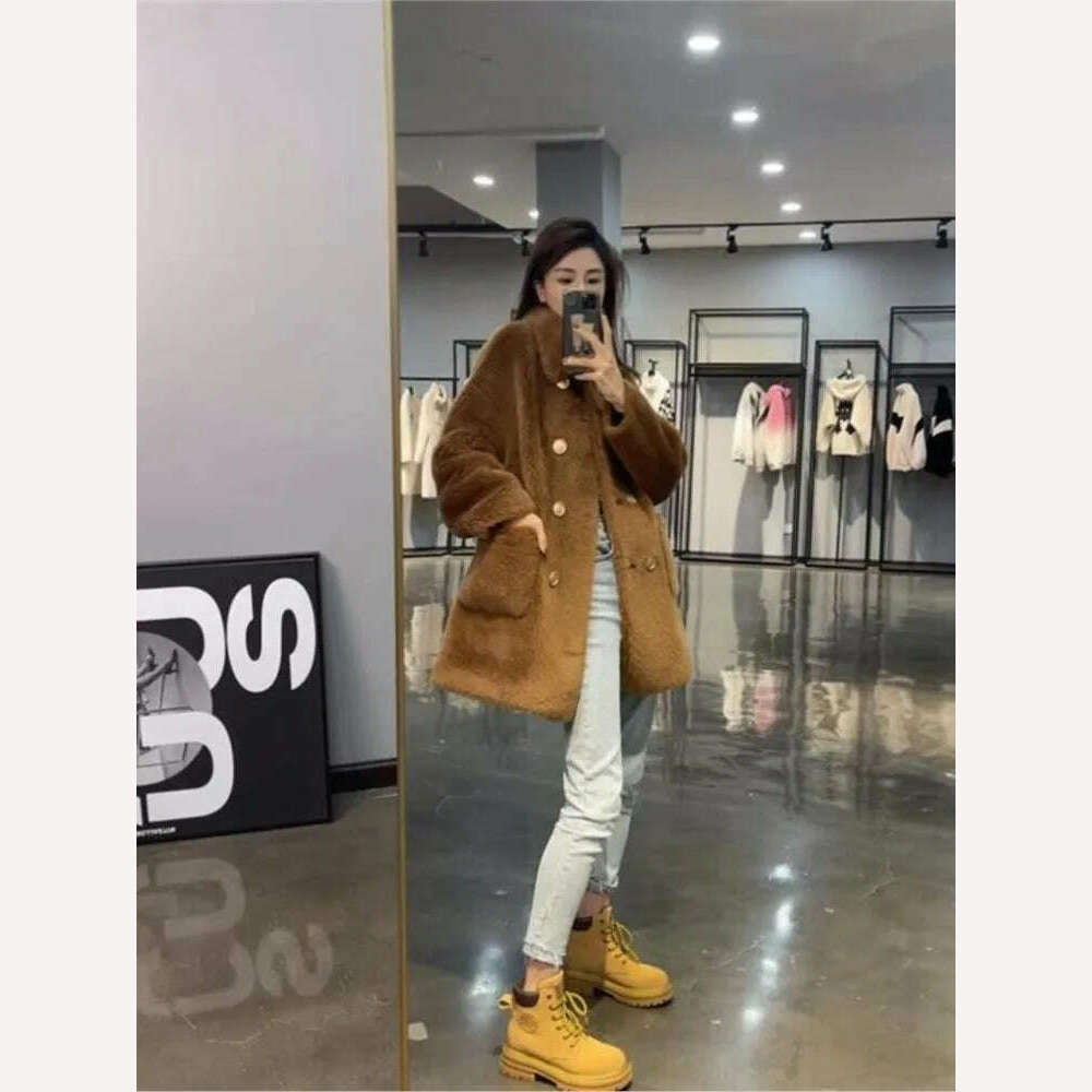 Women 2022 Winter Fashion Double-breasted Warm Coats Female Genuine Lamb Fur Jackets Ladies Long Sheep Shearing Thick Overcoats - KIMLUD