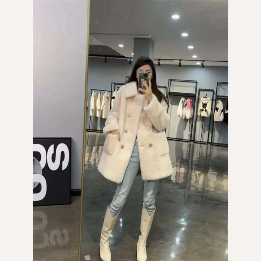 Women 2022 Winter Fashion Double-breasted Warm Coats Female Genuine Lamb Fur Jackets Ladies Long Sheep Shearing Thick Overcoats - KIMLUD