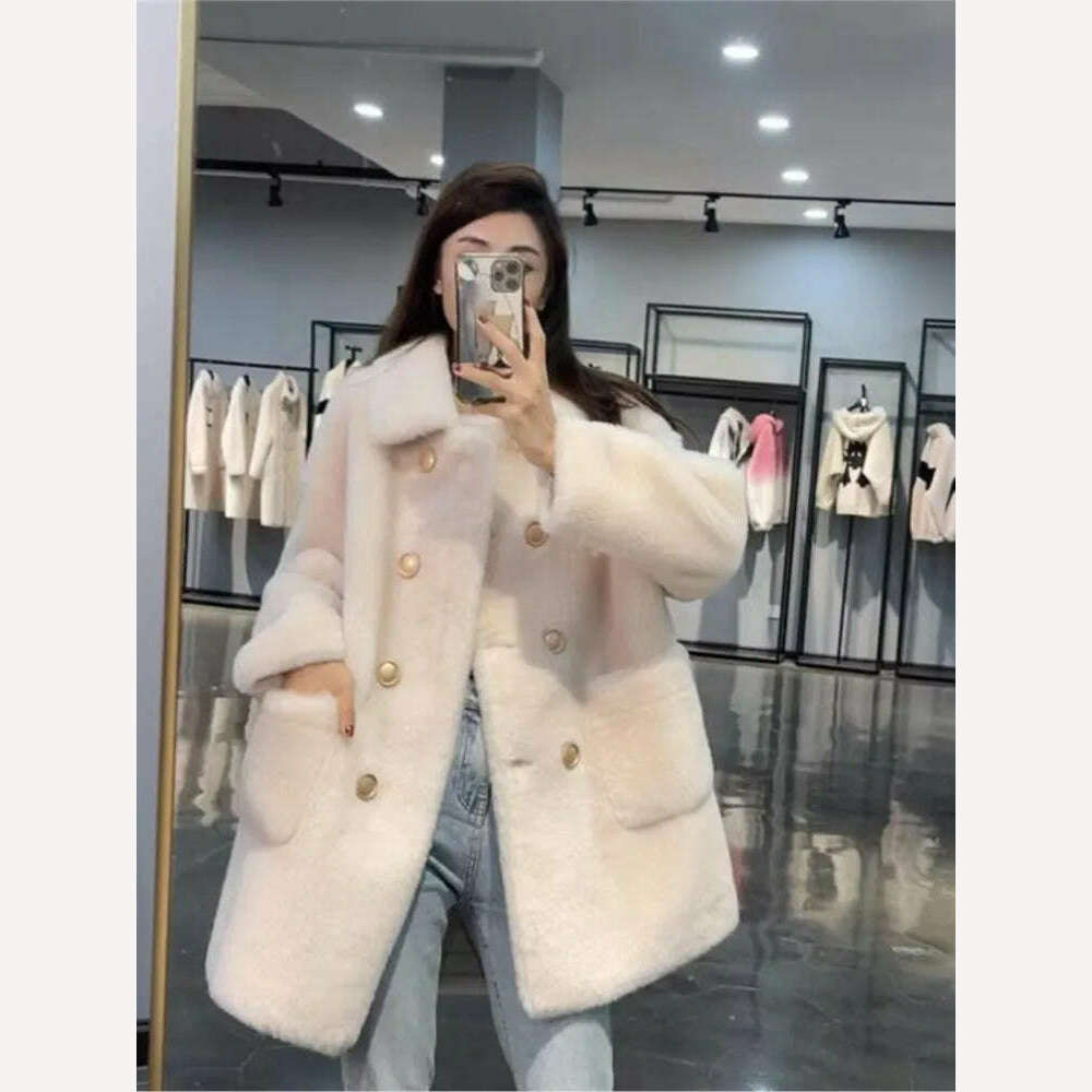 Women 2022 Winter Fashion Double-breasted Warm Coats Female Genuine Lamb Fur Jackets Ladies Long Sheep Shearing Thick Overcoats - KIMLUD