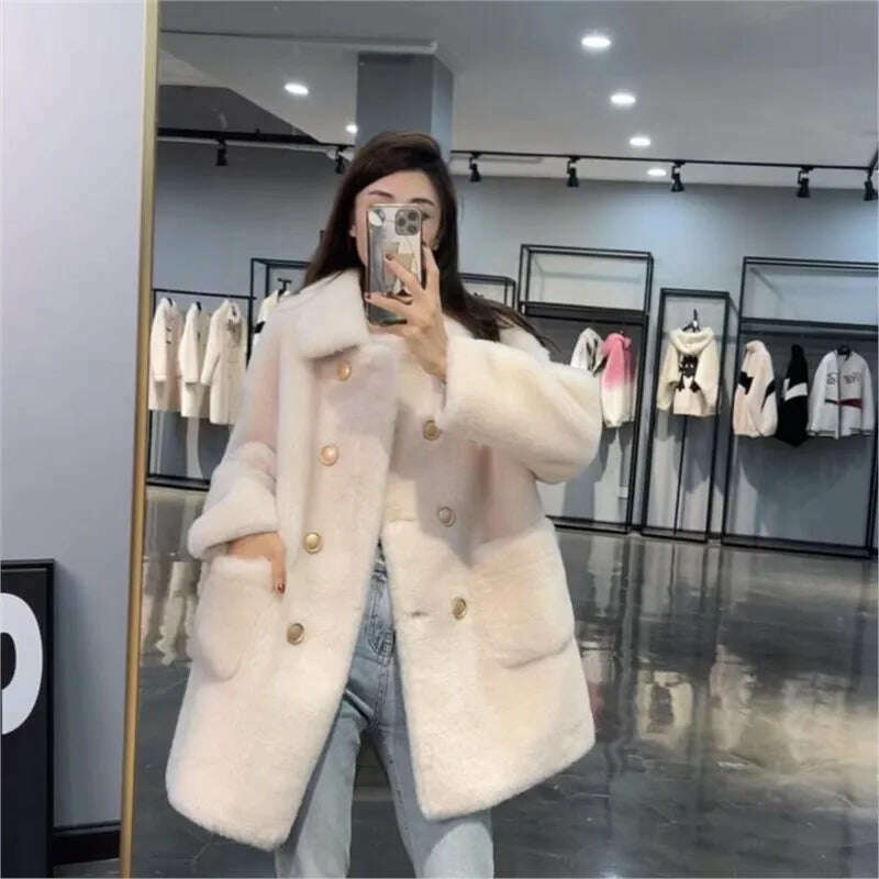 KIMLUD, Women 2022 Winter Fashion Double-breasted Warm Coats Female Genuine Lamb Fur Jackets Ladies Long Sheep Shearing Thick Overcoats, Beige / M, KIMLUD Womens Clothes
