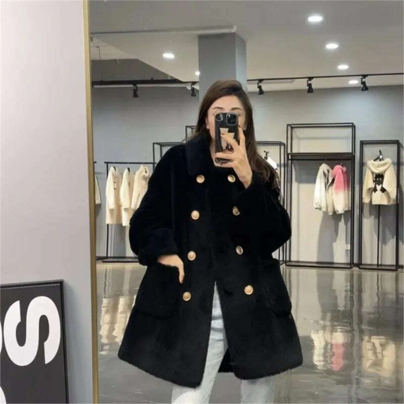 KIMLUD, Women 2022 Winter Fashion Double-breasted Warm Coats Female Genuine Lamb Fur Jackets Ladies Long Sheep Shearing Thick Overcoats, black / M, KIMLUD Womens Clothes