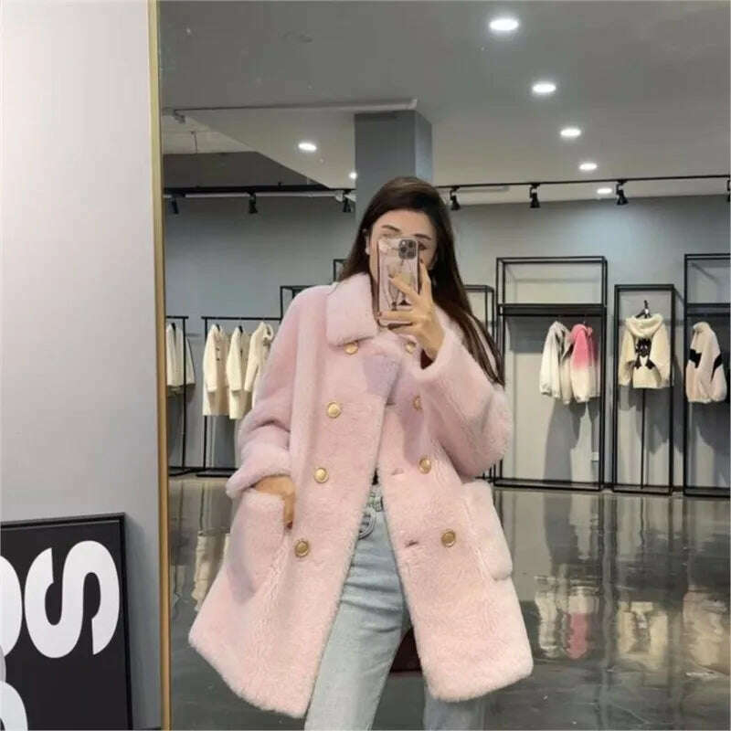 KIMLUD, Women 2022 Winter Fashion Double-breasted Warm Coats Female Genuine Lamb Fur Jackets Ladies Long Sheep Shearing Thick Overcoats, Pink / M, KIMLUD Women's Clothes