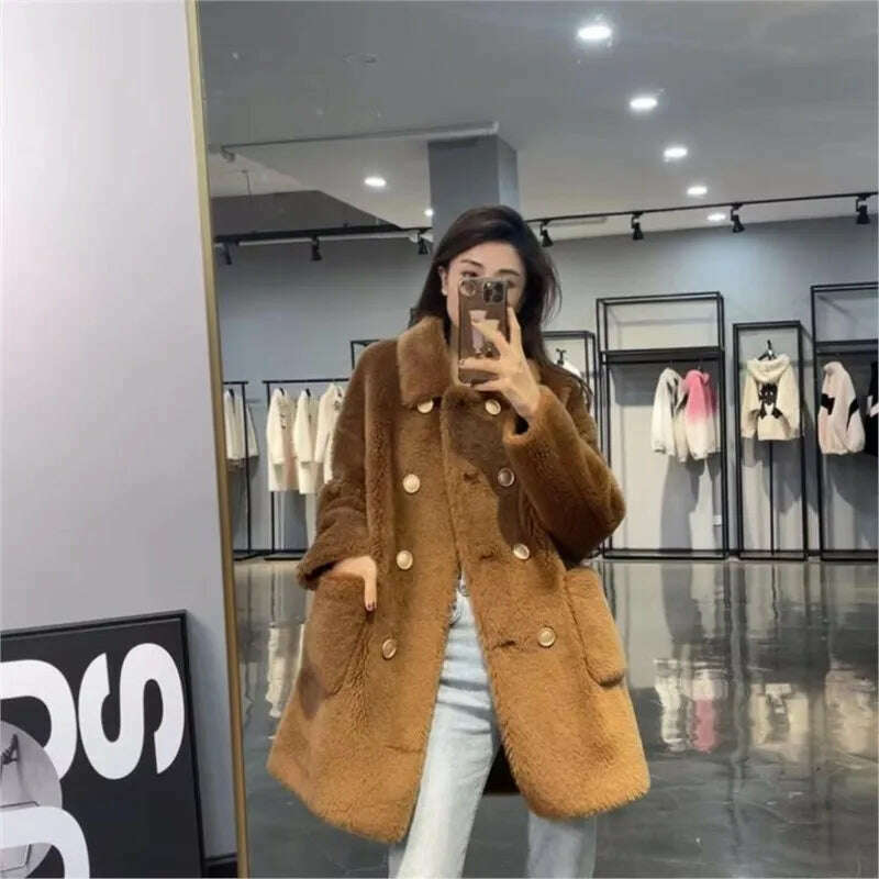 KIMLUD, Women 2022 Winter Fashion Double-breasted Warm Coats Female Genuine Lamb Fur Jackets Ladies Long Sheep Shearing Thick Overcoats, Dark Brown / M, KIMLUD Womens Clothes