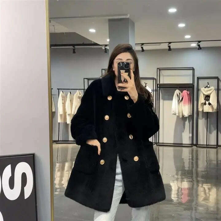 Women 2022 Winter Fashion Double-breasted Warm Coats Female Genuine Lamb Fur Jackets Ladies Long Sheep Shearing Thick Overcoats - KIMLUD