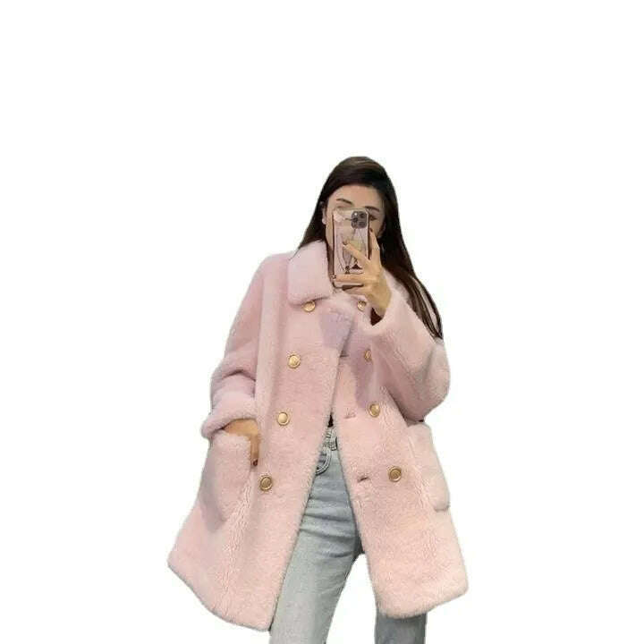 Women 2022 Winter Fashion Double-breasted Warm Coats Female Genuine Lamb Fur Jackets Ladies Long Sheep Shearing Thick Overcoats - KIMLUD