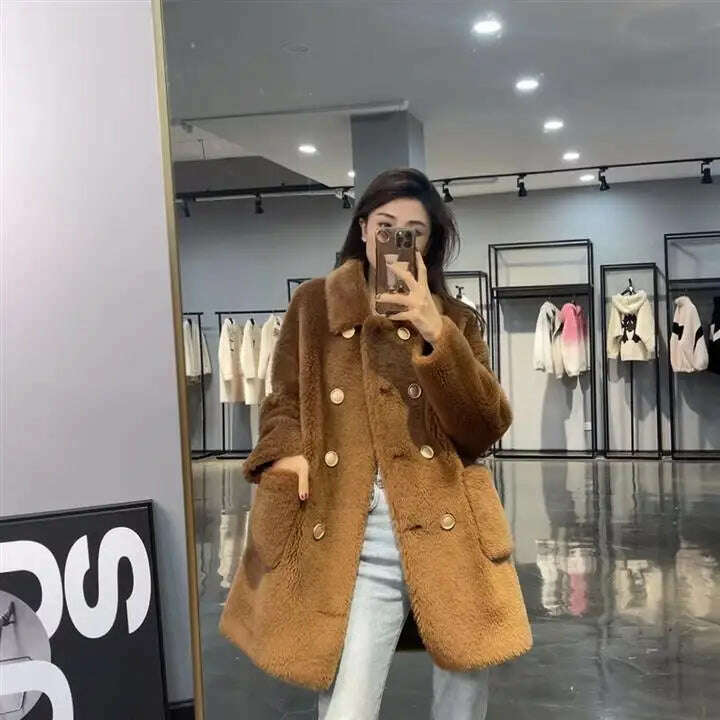 Women 2022 Winter Fashion Double-breasted Warm Coats Female Genuine Lamb Fur Jackets Ladies Long Sheep Shearing Thick Overcoats - KIMLUD