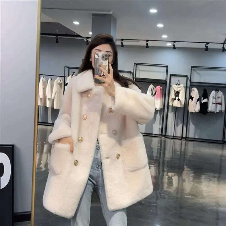Women 2022 Winter Fashion Double-breasted Warm Coats Female Genuine Lamb Fur Jackets Ladies Long Sheep Shearing Thick Overcoats - KIMLUD