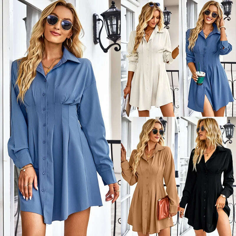 KIMLUD, Women 2023 Spring Casual Long Sleeve Ruched Bodycon Shirt Sun Beach Summer Mini Dresses Casual Shirt Dress For Autumn Winter, KIMLUD Womens Clothes