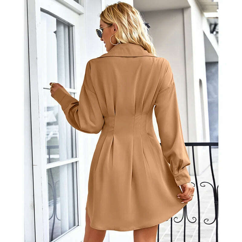 KIMLUD, Women 2023 Spring Casual Long Sleeve Ruched Bodycon Shirt Sun Beach Summer Mini Dresses Casual Shirt Dress For Autumn Winter, KIMLUD Womens Clothes