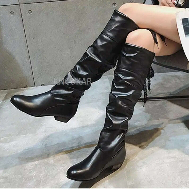 Women 2023 Spring Knee High Boots Red Black White Tall Boots Woman Pleated Low Heel Casual Leather Female Long Shoes - KIMLUD
