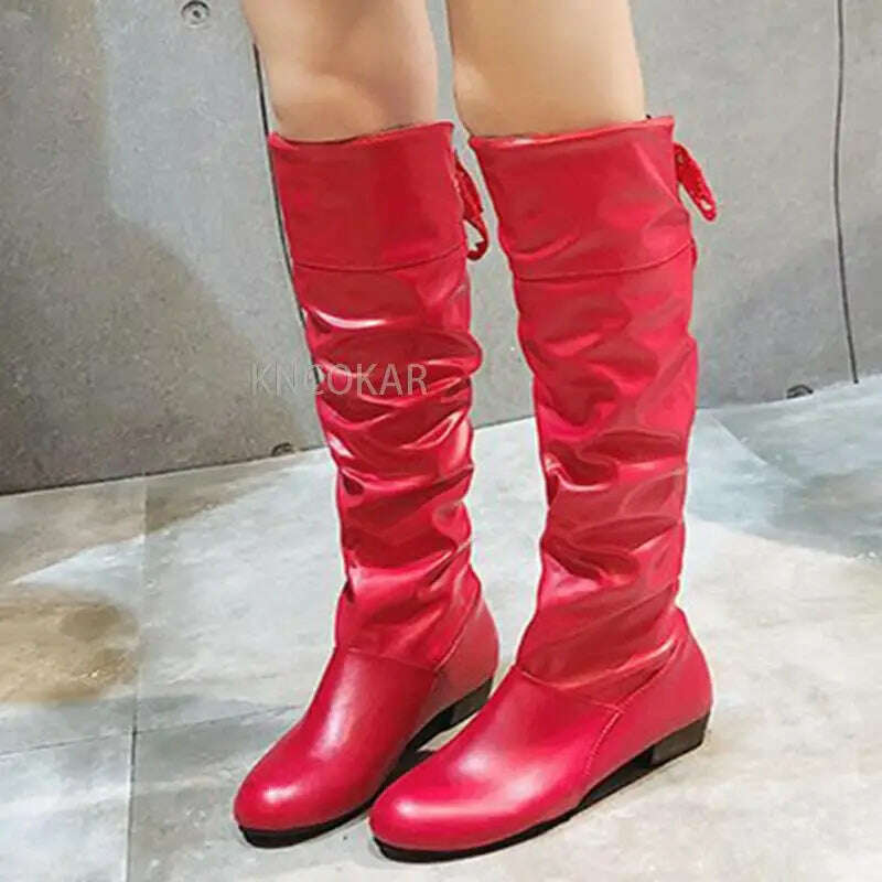 Women 2023 Spring Knee High Boots Red Black White Tall Boots Woman Pleated Low Heel Casual Leather Female Long Shoes - KIMLUD