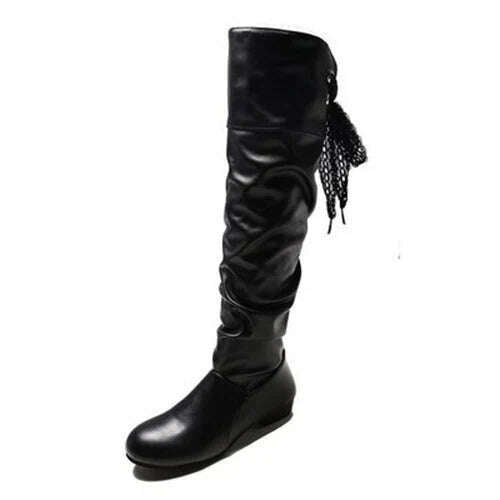 Women 2023 Spring Knee High Boots Red Black White Tall Boots Woman Pleated Low Heel Casual Leather Female Long Shoes - KIMLUD