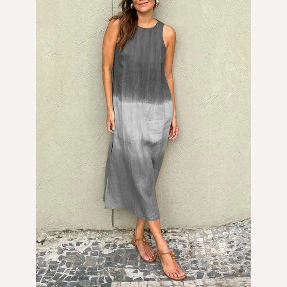 KIMLUD, Women 2024 Summer Boho Dresses Elegant Vintage Cotton Linen Sleeveless Dress Gradient Loose Casual Beach O Neck Print Vestidos, KIMLUD Womens Clothes