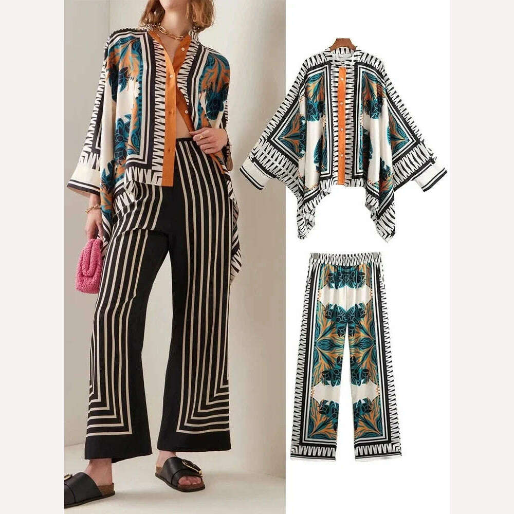 Women 2pcs Pants Sets New Sleepwear for Women Full Printed Oversized Blouse Cape Style Tops Female Pants Casual Pajamas Set - KIMLUD
