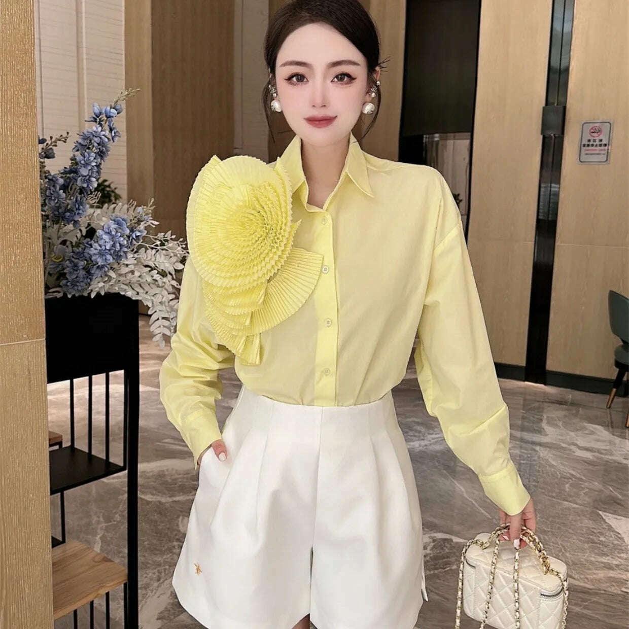 Women 3D Ruched Large Flowers Shirts Long Sleeved Luxury Pleated Floral Blouses Streetwear Single Breasted Cardigan Tops Blusas, KIMLUD Women's Clothes