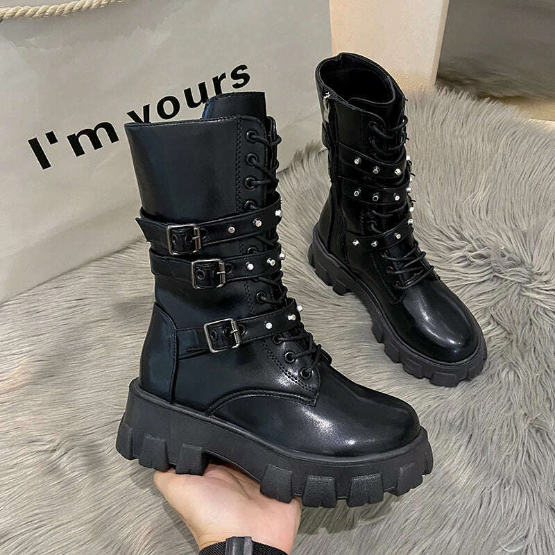 KIMLUD, WOMEN ANKLE BOOTS Goth Boots Woman Winter 2022 Platform Shoes Sneakers Studded Belt Buckle Punk Army Chunky Heels Mid Calf Boots, KIMLUD Womens Clothes