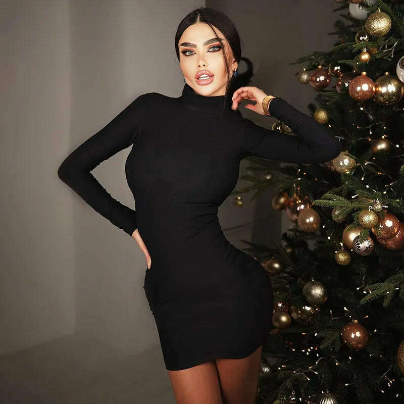 KIMLUD, Women Autumn Long Sleeve Bodycon Soild Backless Slim Evening Prom Package Hip Mini Dress 2023 Female Clothing Streetwear 8755, KIMLUD Womens Clothes