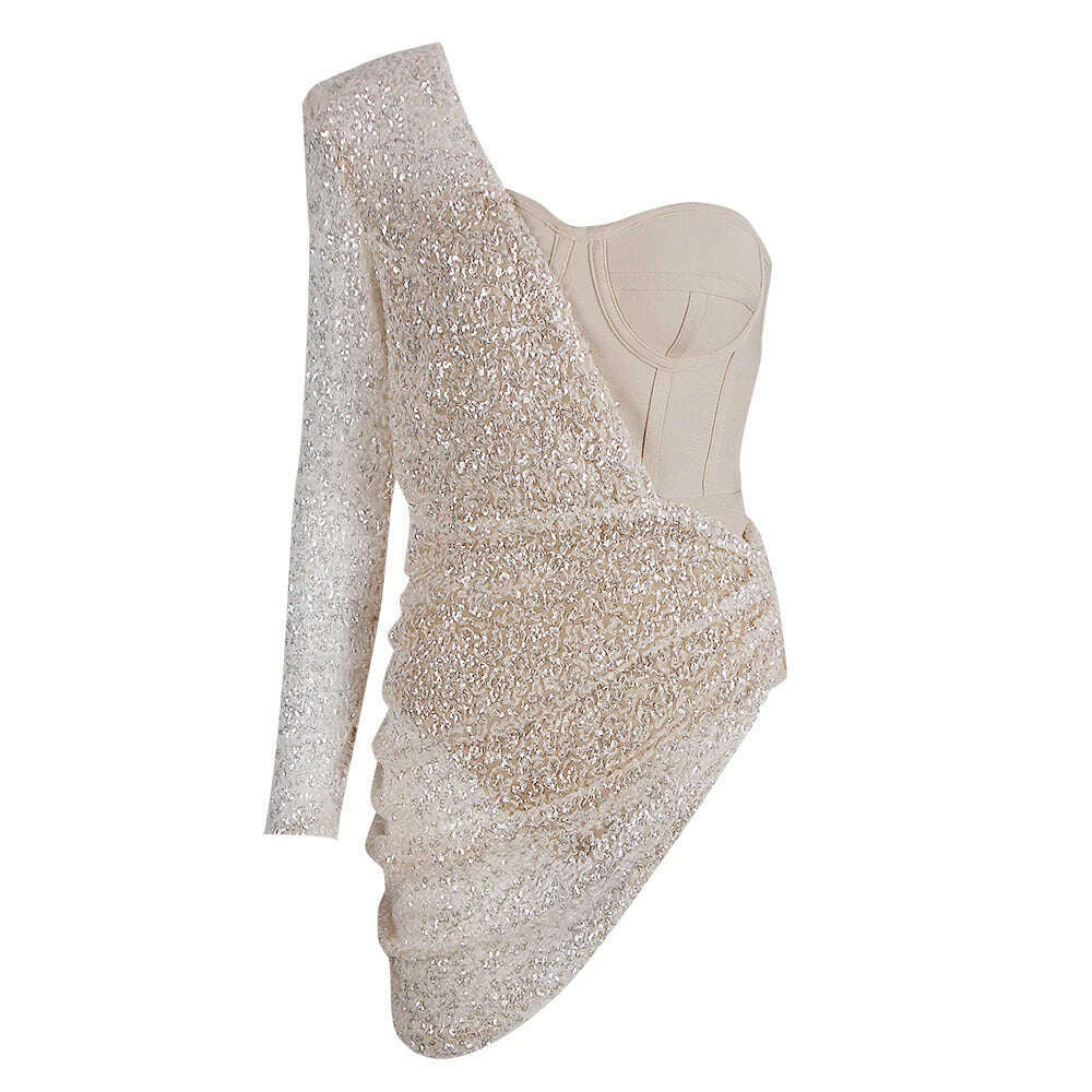 Women Bandages Dress Sexy Sequins One Shoulder Patchwork Clothes 2022 New Celebrity Party Club Mini Dresses - KIMLUD