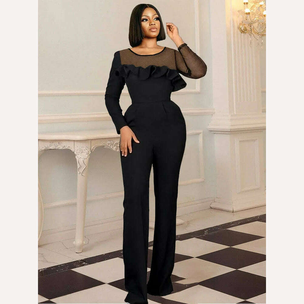 KIMLUD, Women Black Wide Leg Jumpsuits Sequin Mesh Contrast Long Sleeve Ruffles Rompers Long Pant Elegant Fashion One Piece Outfits 4XL, Black / S, KIMLUD Womens Clothes