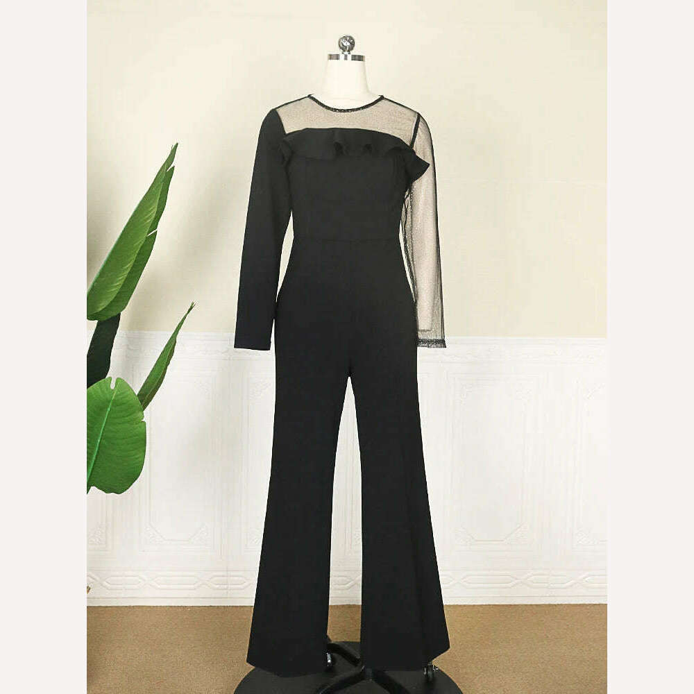 KIMLUD, Women Black Wide Leg Jumpsuits Sequin Mesh Contrast Long Sleeve Ruffles Rompers Long Pant Elegant Fashion One Piece Outfits 4XL, KIMLUD Womens Clothes