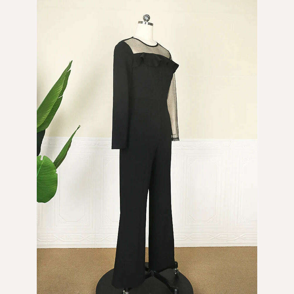 KIMLUD, Women Black Wide Leg Jumpsuits Sequin Mesh Contrast Long Sleeve Ruffles Rompers Long Pant Elegant Fashion One Piece Outfits 4XL, KIMLUD Womens Clothes