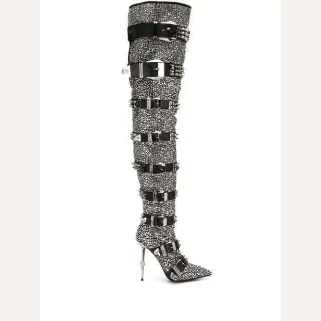 KIMLUD, Women Blingbling Crystal Over The Knee Boots Fashion Thigh High Buckle Strap Boots Lady Runway Rivet Buckle High Heel Shoes 2021, sliver / 34, KIMLUD Womens Clothes