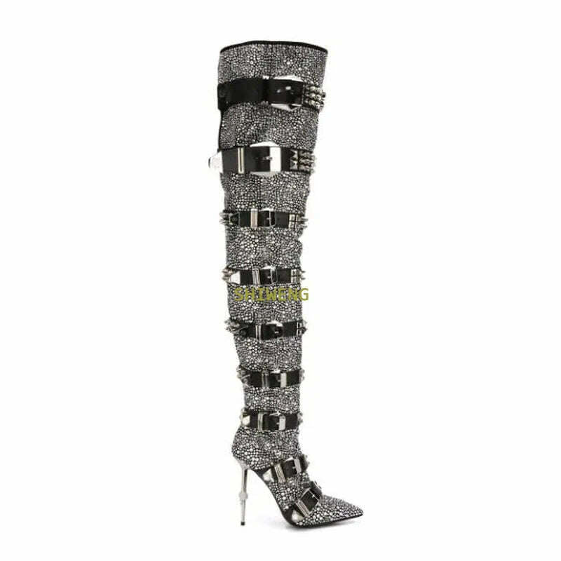 KIMLUD, Women Blingbling Crystal Over The Knee Boots Fashion Thigh High Buckle Strap Boots Lady Runway Rivet Buckle High Heel Shoes 2021, KIMLUD Womens Clothes