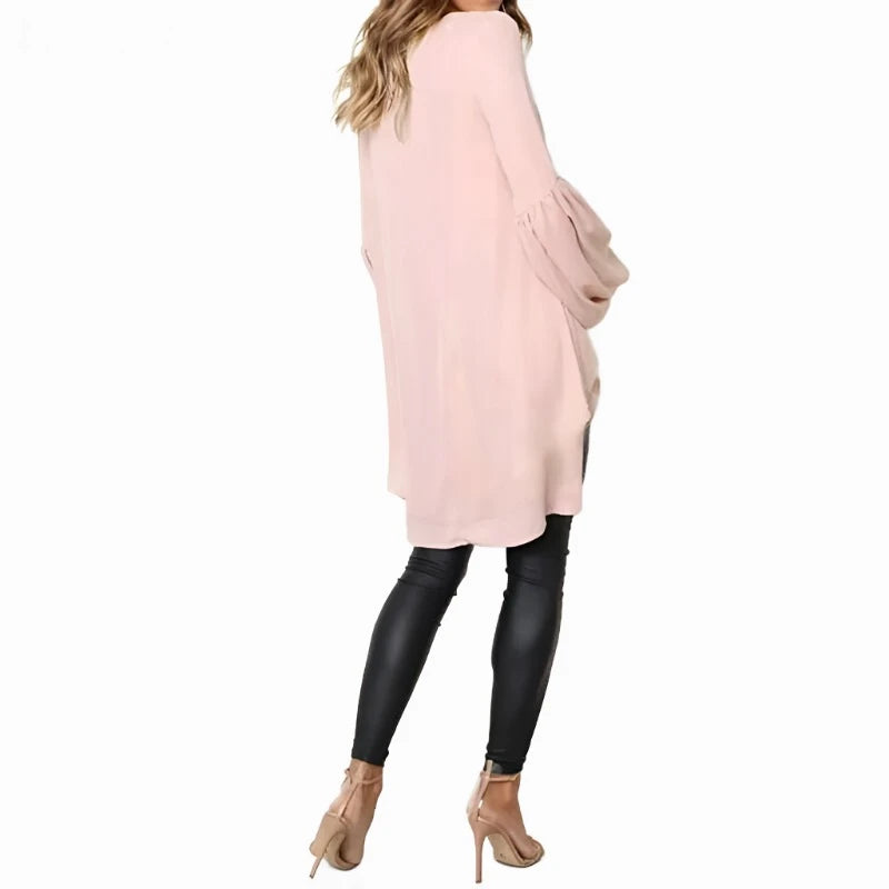 KIMLUD, Women Blouse ZANZEA Autumn Crew Neck Lantern SleeveShirt Casual Solid Blusas Femininas Long Tops Tunic Asymmetrical Hem Blouses, KIMLUD Womens Clothes