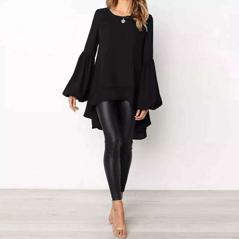 Women Blouse ZANZEA Autumn Crew Neck Lantern SleeveShirt Casual Solid Blusas Femininas Long Tops Tunic Asymmetrical Hem Blouses - KIMLUD