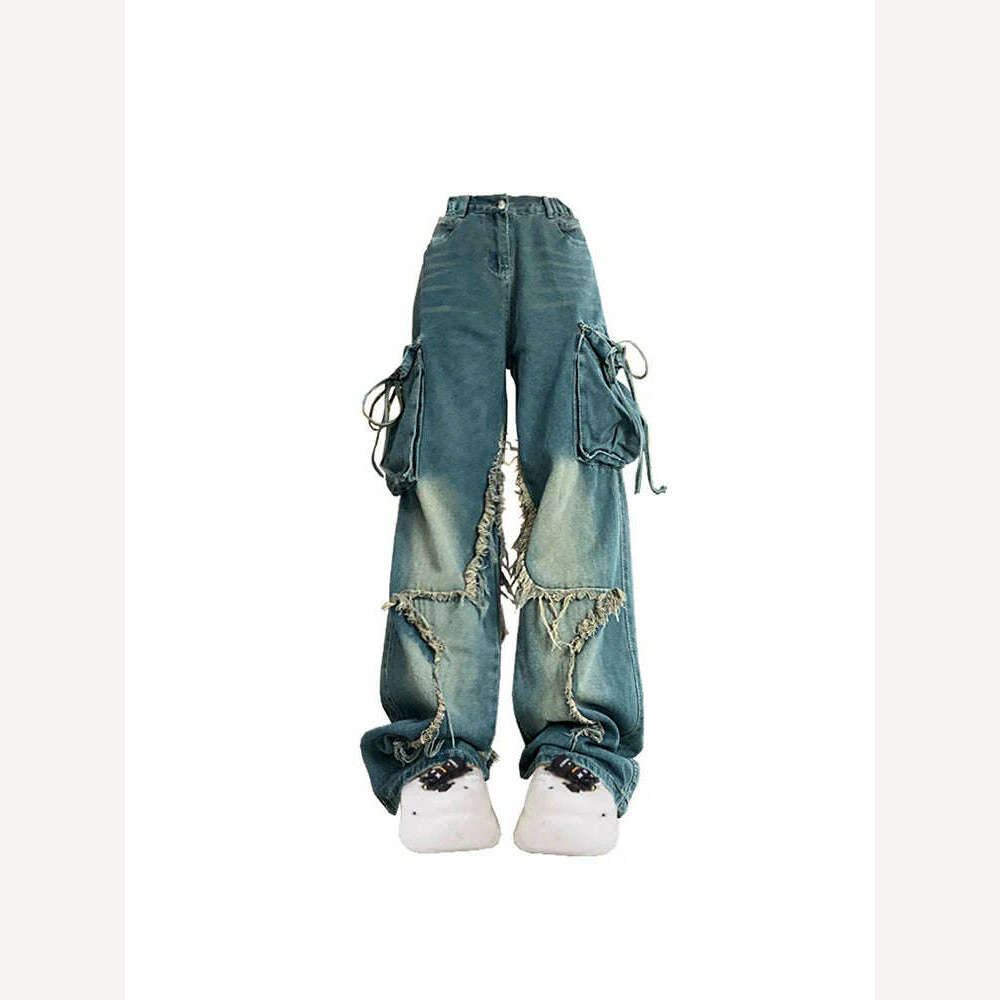 KIMLUD, Women Blue Cargo Jeans Baggy Vintage 90s Aesthetic High Waist Cowboy Pants Harajuku Denim Trousers Y2k Trashy 2000s Clothes 2024, Blue / L, KIMLUD Womens Clothes