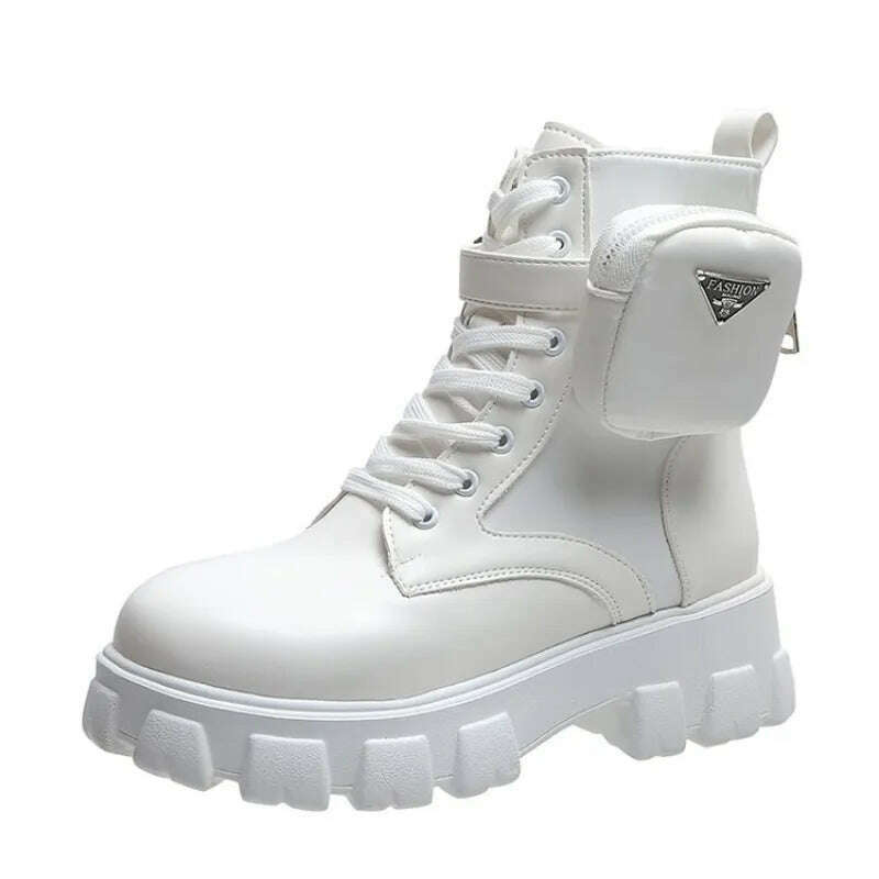 Women Boots New In Motorcycle Ankle Boots Wedges Female Lace Up Platforms White Black Leather Oxford Shoes Women Boots Mujer Bag - KIMLUD