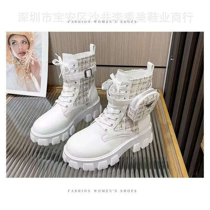 KIMLUD, Women Boots New In Motorcycle Ankle Boots Wedges Female Lace Up Platforms White Black Leather Oxford Shoes Women Boots Mujer Bag, KIMLUD Womens Clothes