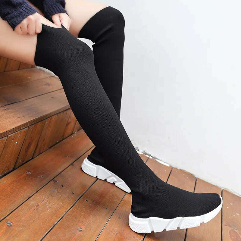 KIMLUD, Women Boots Over the Knee Socks Shoes 2020 New Female Fashion Flat Shoes Autumn Winter long Boot for Women Body Shaping Sneakers, BlackWhite / 35, KIMLUD Womens Clothes