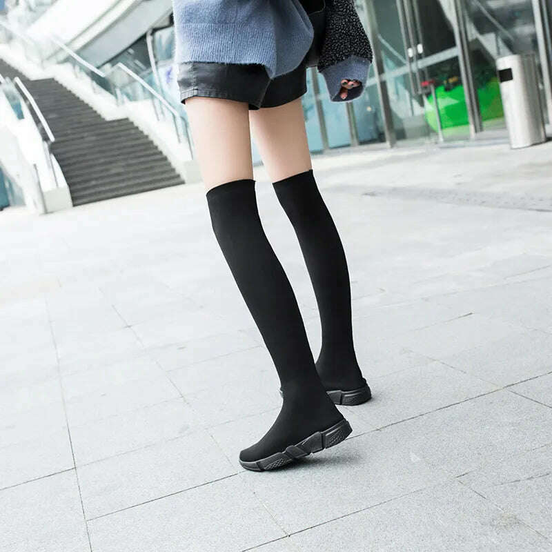 KIMLUD, Women Boots Over the Knee Socks Shoes 2020 New Female Fashion Flat Shoes Autumn Winter long Boot for Women Body Shaping Sneakers, FullBlack / 35, KIMLUD Women's Clothes