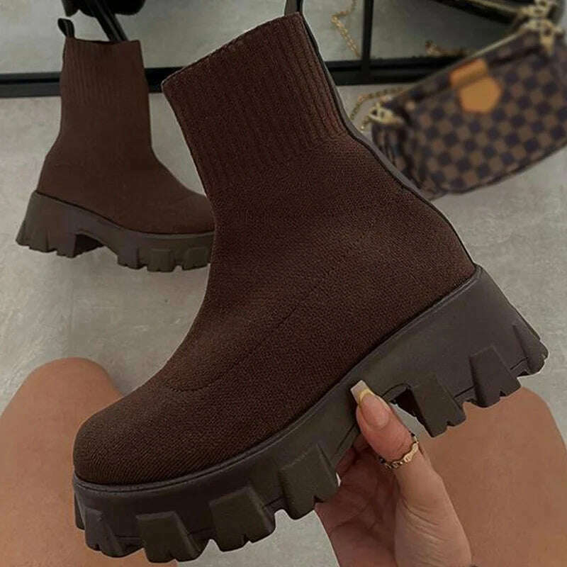 Women Boots Short Knitting Platform Boots Autumn Winter Shoes For Women Ankle Boots Heels White Winter Botas Mujer - KIMLUD