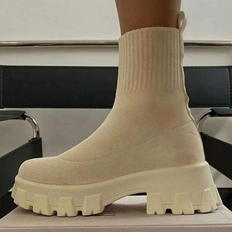 Women Boots Short Knitting Platform Boots Autumn Winter Shoes For Women Ankle Boots Heels White Winter Botas Mujer - KIMLUD