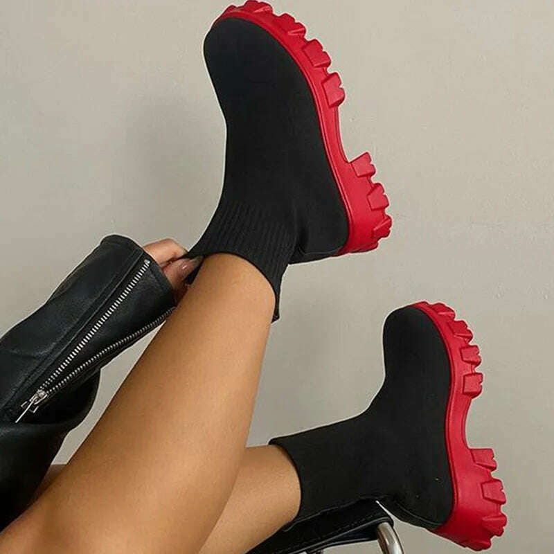 Women Boots Short Knitting Platform Boots Autumn Winter Shoes For Women Ankle Boots Heels White Winter Botas Mujer - KIMLUD