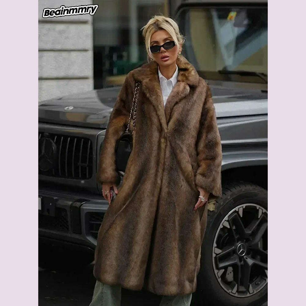 KIMLUD, Women Brown Winter Faux Fur Oversized Coat Fashion Loosen Lapel Fluffy Thicken Warm Overcoat 2024 Female High Street Outerwear, KIMLUD Womens Clothes