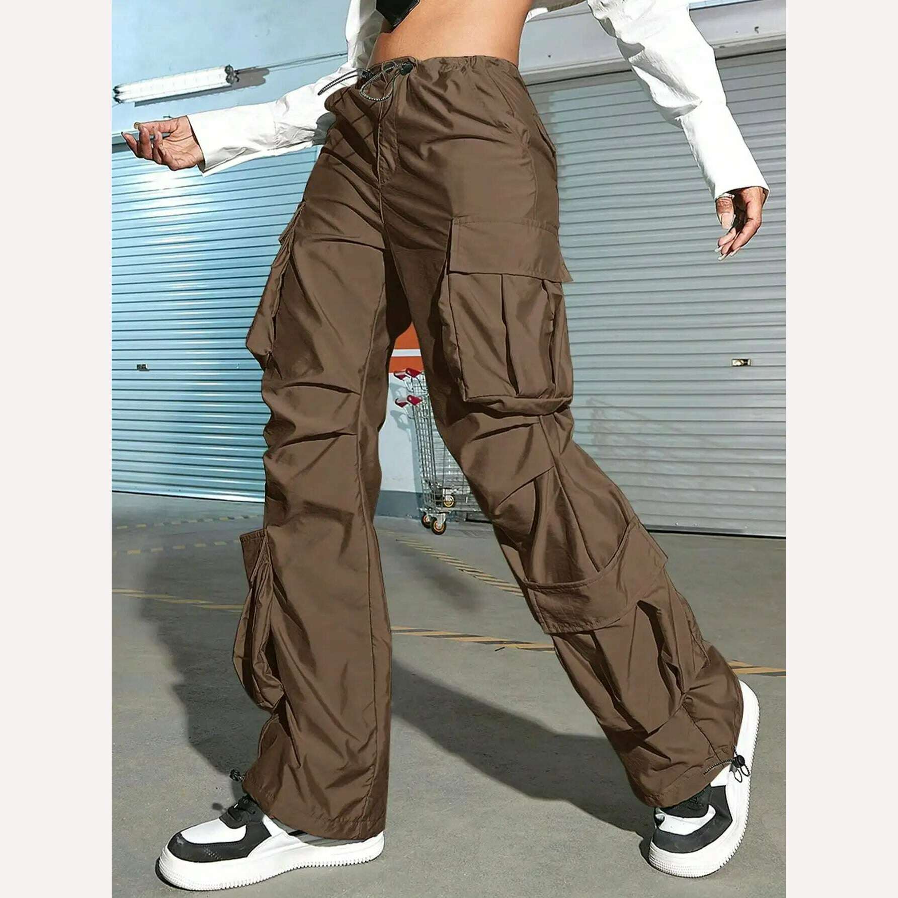 KIMLUD, Women Cargo Pants 2023 Fashion Vintage Street Vibe Flap Pocket Drawstring Ruched Parachute Trousers High Waist Streetwear, Brown / XL, KIMLUD Womens Clothes